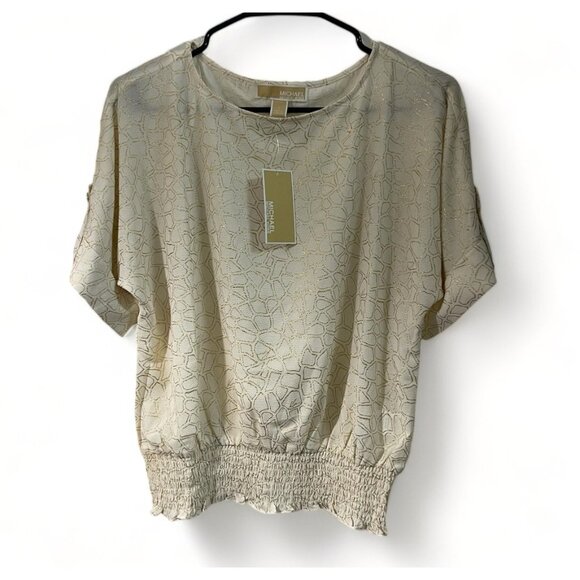 Michael Kors Womens Metallic Print Top With Ruched Hem & Button Detail, New - Picture 2 of 14